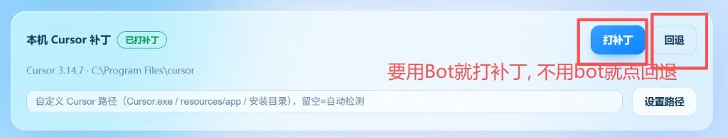 补丁软件界面：要用 Bot 点「打补丁」，不用点「回退」