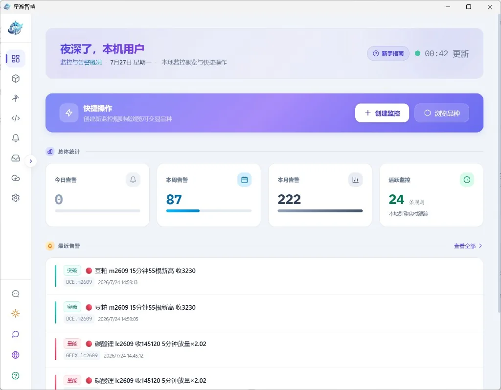 星瀚智哨客户端：监控与告警概况页，总体统计与最近告警时间线